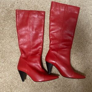 Red leather knee high heeled boots